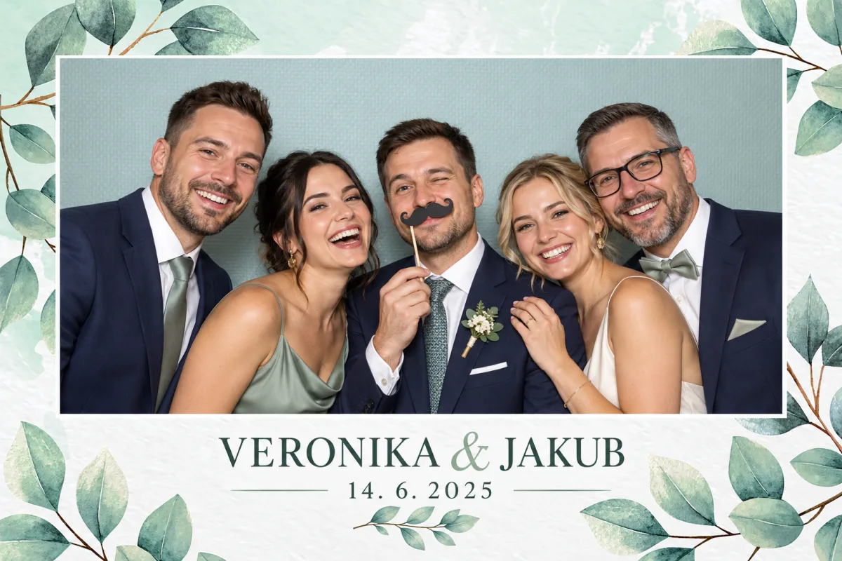 Výtlačok z akcie: päť hostí s rekvizitami, eukalyptový rámik
