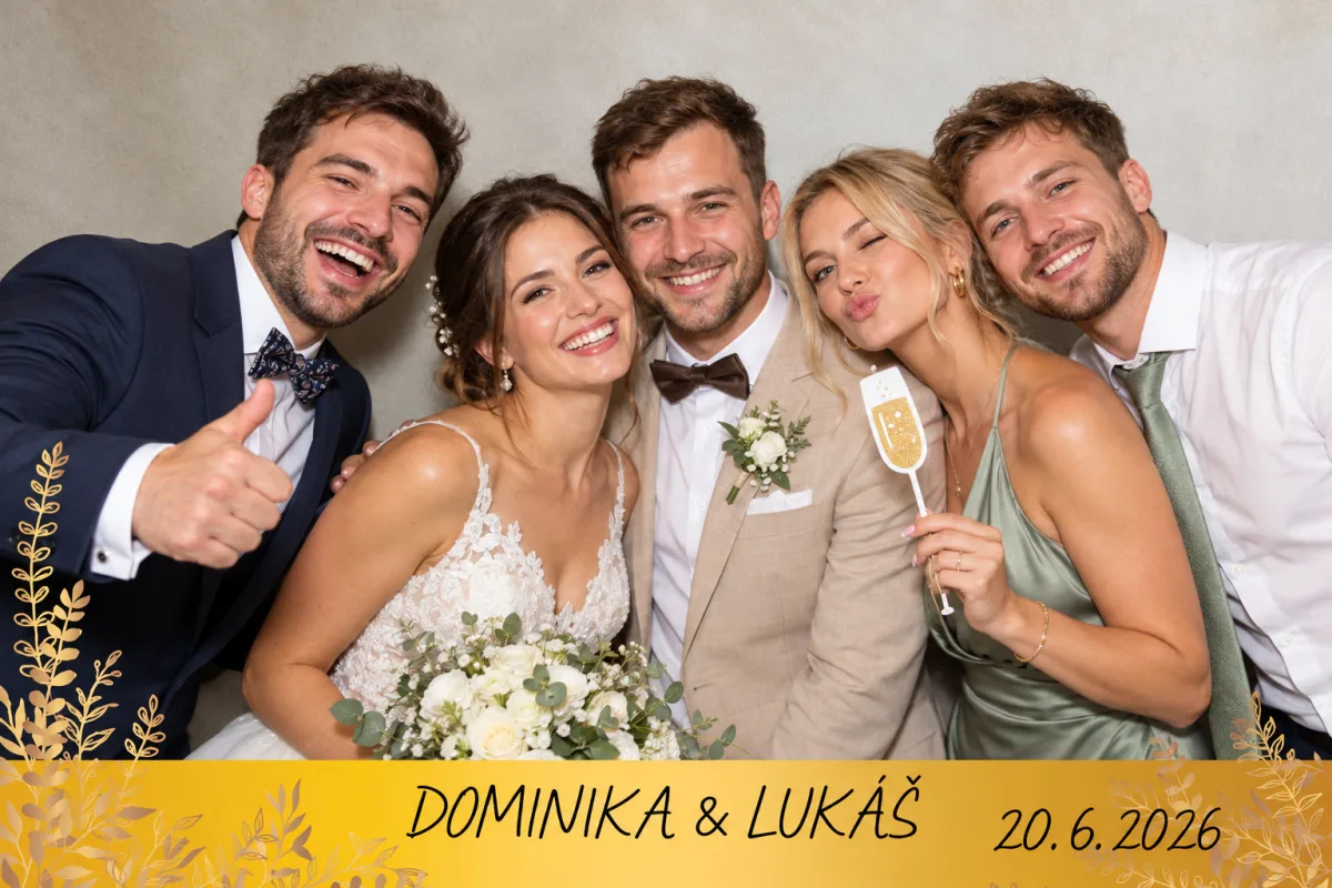 Výtlačok z akcie: svadobčania, zlatý pás s menami a dátumom
